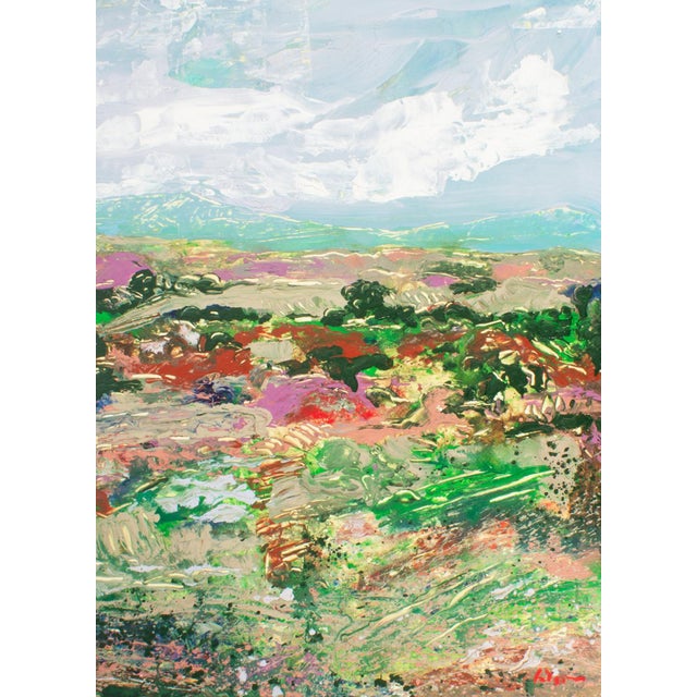 A 1980s acrylic on paper painting by American artist Harry Hilson (1935-2004). This painting features a bright cloudy sky,...