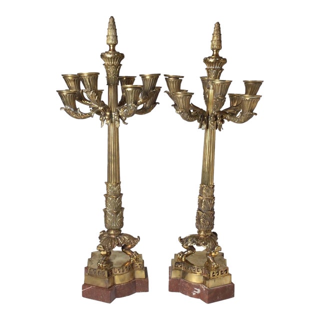 Mid 20th Century Charles X Style Polished Bronze & Marble Candelabras - A Pair For Sale