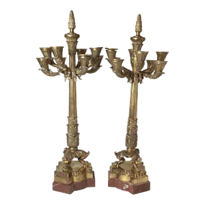 Mid 20th Century Charles X Style Polished Bronze & Marble Candelabras - A Pair