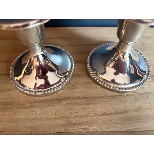Vintage Silverplate Low Candlesticks With Beaded Rim - A Pair For Sale - Image 4 of 5