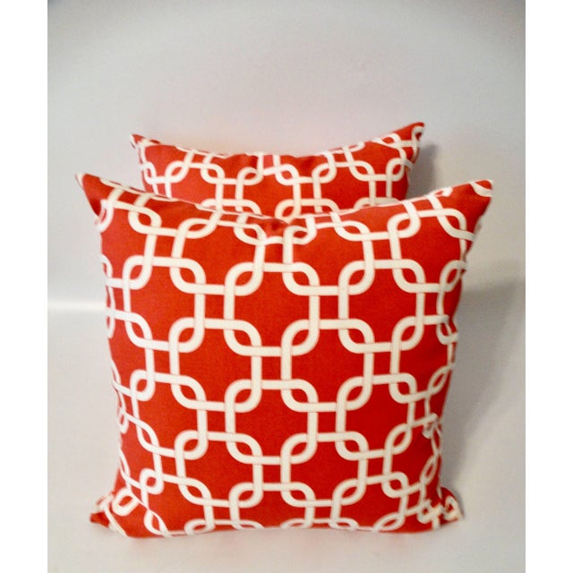 Contemporary Red & White Geometric Cotton Woven Pillows, a Pair For Sale - Image 3 of 7