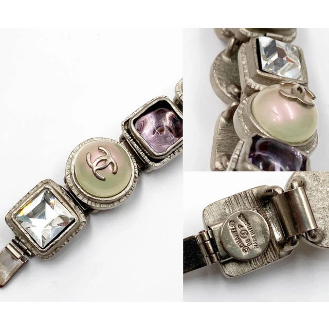 Early 21st Century Chanel Vintage Rare Rustic Silver Gem Stone Pearl CC Bracelet For Sale - Image 5 of 5