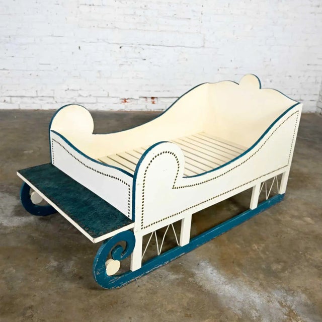 Vintage Sleigh-Style Child, Doll or Dog Bed White With Blue Trim & Nail Head Design For Sale - Image 4 of 13