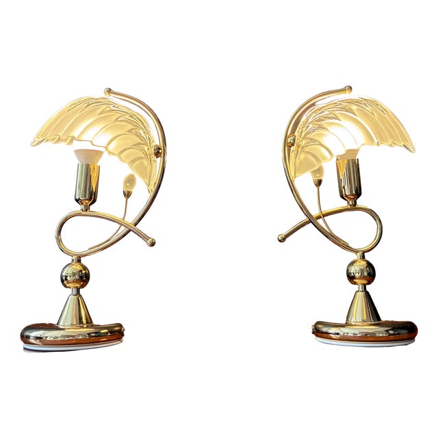 Vintage Shell Brass Table Lamps, 1970, Set of 2 For Sale