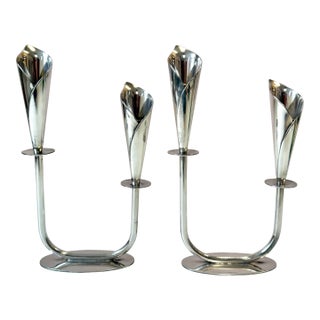 Pair of Mid-Century Danish Silver Plated Calla Lily Candlestick Holders by Hans Jensen For Sale