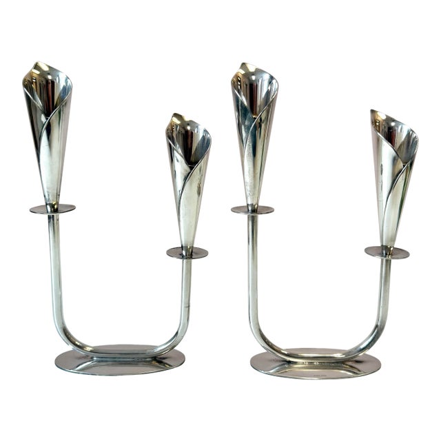 Pair of Mid-Century Danish Silver Plated Calla Lily Candlestick Holders by Hans Jensen For Sale