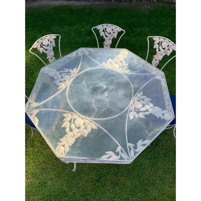 1950s Vintage Woodard Attributed Wrought Iron Patio Dining Table & Chairs Pomegranate 7 Pc Set For Sale - Image 5 of 15