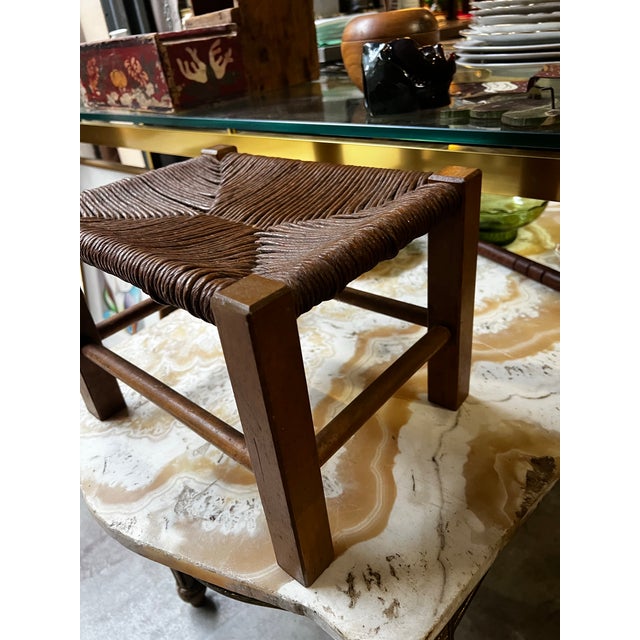 Mid-Century Modern Vintage Wood and Wicker Scandinavian Petite Stool For Sale - Image 3 of 5