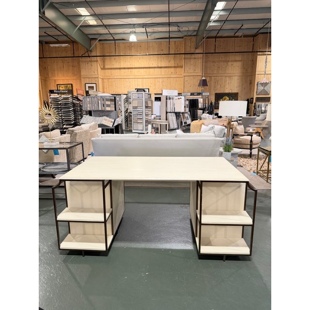 Contemporary Gabby Jasper Contemporary Cerused White Executive Desk With Dual Pedestals and Dark Metal Accents For Sale - Image 3 of 5