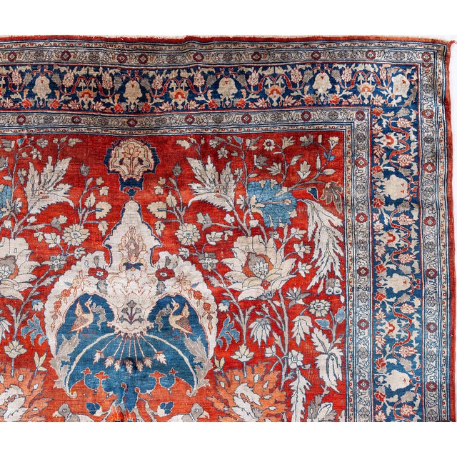 Beige 19th Century Persian Tabriz Silk Red and Navy Blue Rug For Sale - Image 8 of 9