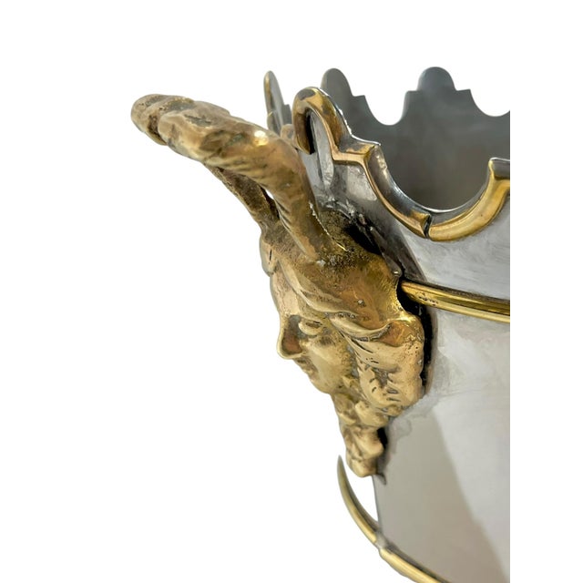 English Mid 20th Century Neoclassical Silver Plate & Brass Rafraichissoir Wine Cooler / Montieth Ice Bucket With Lion Mask Handles For Sale - Image 3 of 16