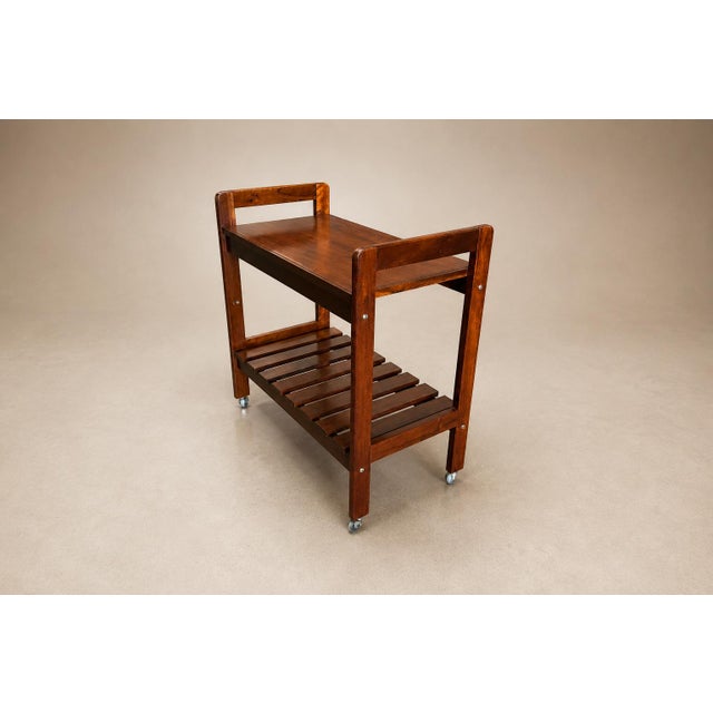 Brazilian Modern Bar Cart in Imbuia Wood With Two Tiers and Slatted Shelf, Brazil, 1960s For Sale - Image 13 of 18