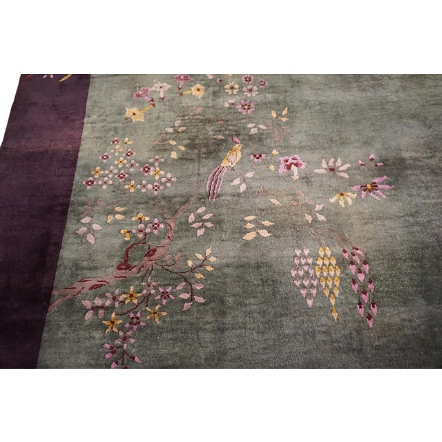 Textile 1920s Green Floral Modern Antique Hand Knotted Pile Wool Chinese Art Deco Carpet 7'11" X 9' 4" Rug For Sale - Image 7 of 11