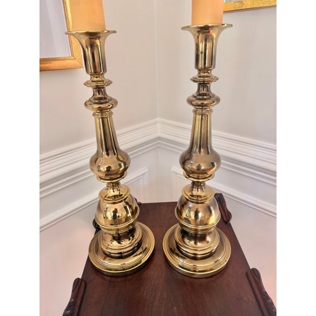 1970s Heavy Vintage 27” Polished Brass Baluster Table Lamps - a Pair For Sale - Image 12 of 12