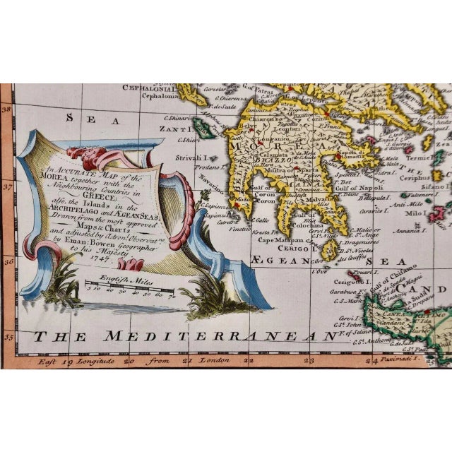 Traditional Mainland Greece & Islands: An Original 18th Century Hand-Colored Map by Emanuel Bowen , 1747 For Sale - Image 3 of 6