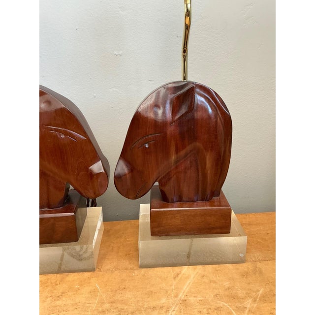 Brown Vintage Carved Wood Horse Lamps on Lucite Base - A Pair For Sale - Image 8 of 17