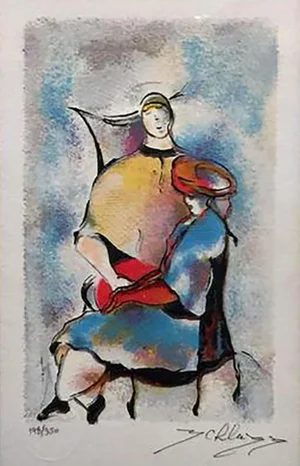 1980s Signed Hand Colored Lithograph of Seated Abstract Women