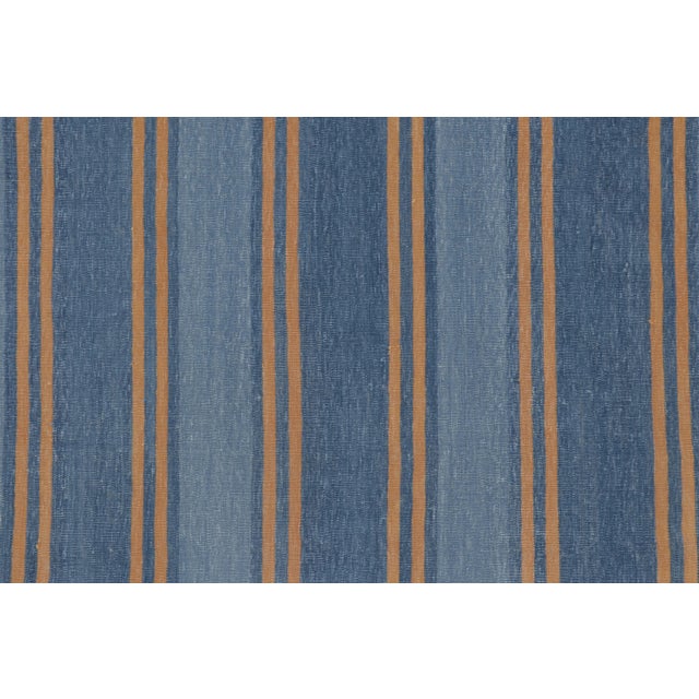 Contemporary Rug & Kilim’s Indian Dhurrie Rug in Slate Blue and Ochre Stripes For Sale - Image 3 of 9