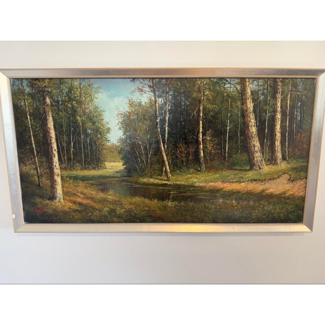 Original oil on canvas woodland landscape depicting a sunlit forest with a winding stream, signed lower left 'Bacci' in...