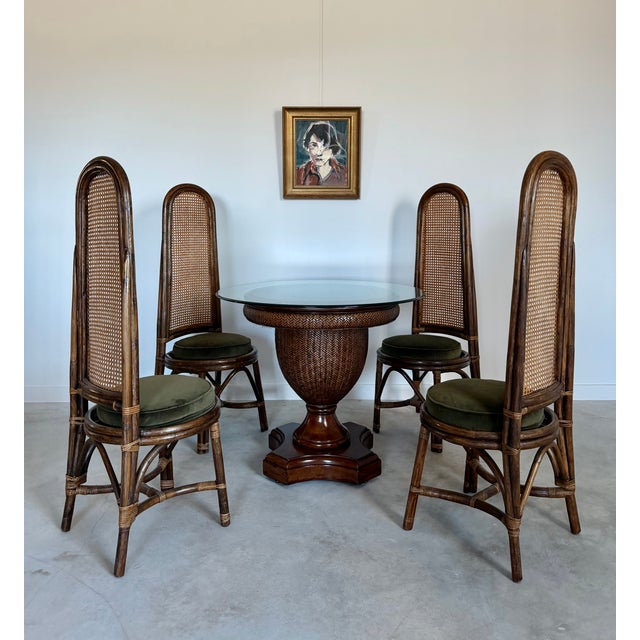 African Woven Reed + Faux Leather Center Dining Table After Tommy Bahama 36" Glass Top For Sale - Image 3 of 17