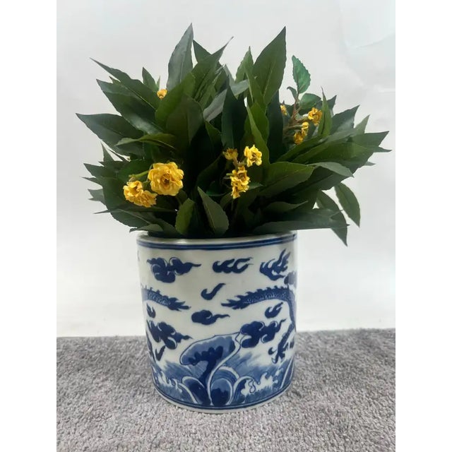 Chinese Qing Dynasty Style Blue & White Dragon Motif Porcelain Planter For Sale - Image 4 of 10