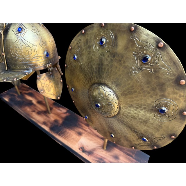 Metal Hand Engraved Turkish Brass Armor Display Set For Sale - Image 7 of 11