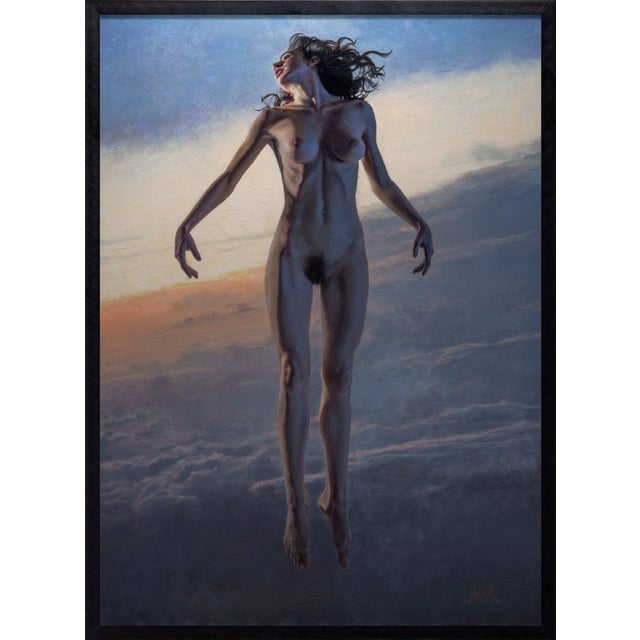 This artwork depicts a figure suspended in mid-air, surrounded by a dreamlike sky that transitions from warm hues to...