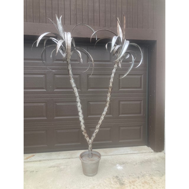 Tole Double Palm Tree in Pot Hand Crafted in Italy 1960 - Silver on Aged Bronze Patina For Sale - Image 10 of 16