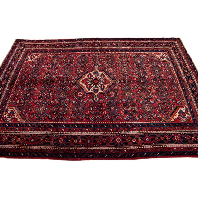 1960s 1960s Vintage Persian Hamadan Navy Blue Handmade Medallion Wool Rug For Sale - Image 5 of 7