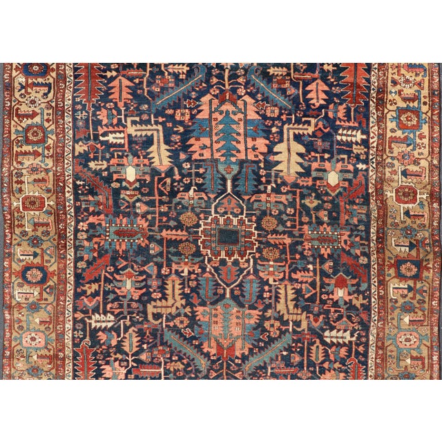 Tribal Antique Persian Heriz Rug With All-Over Sub-Geometric Design on a Blue Field For Sale - Image 3 of 16