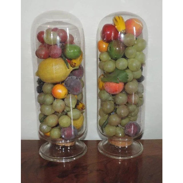 19th Century Victorian Wax & Papier Mache Fruit Pyramids in Glass Domes with Cork Stoppers - A Pair For Sale In New York - Image 6 of 11