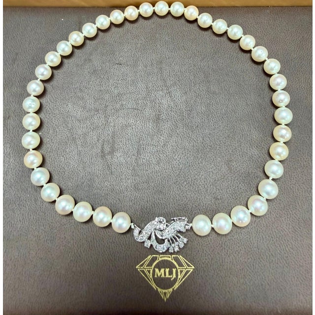 Metal 8mm Akoya Japanese Pearl Single Strand Choker Necklace, 18k White Gold & Diamond For Sale - Image 7 of 8