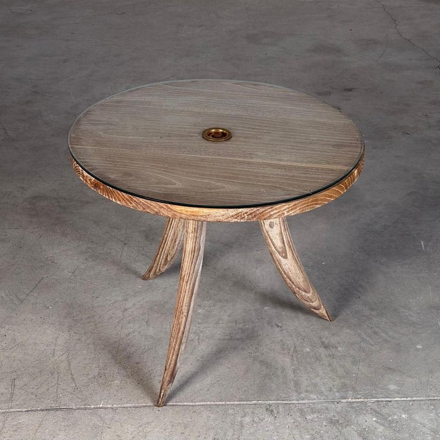 French Bleached Oak Side Table with Glass Top and Brass Detail, 1940s For Sale - Image 4 of 18