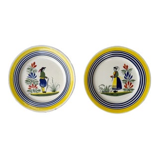 Antique French Henriot Quimper Hand Painted Plates - A Pair For Sale