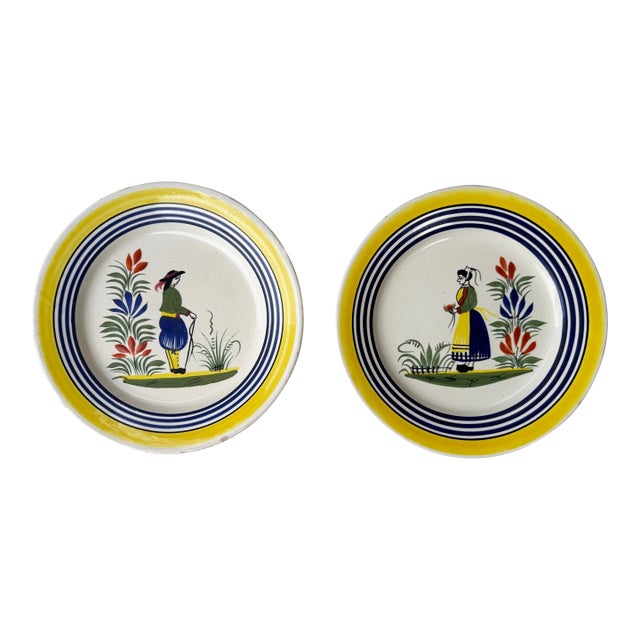 Antique French Henriot Quimper Hand Painted Plates - A Pair For Sale
