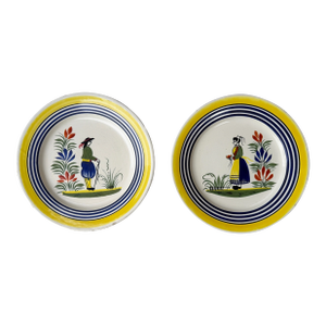 Antique French Henriot Quimper Hand Painted Plates - A Pair