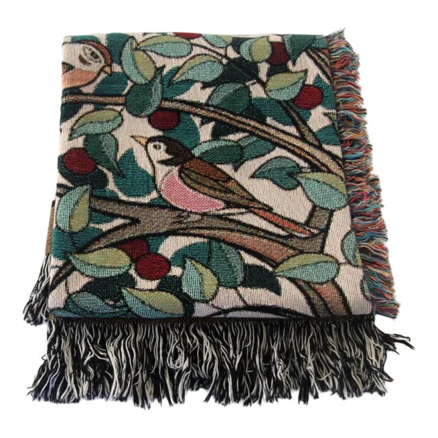 Arts and Crafts-Style "Tree of Birds" in Cream Jacquard Woven Throw Blanket For Sale