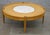 Beautiful MCM Wood Italian Travertine Insert Brass Trim Round Coffee Table. It is used in good condition with normal wear,...