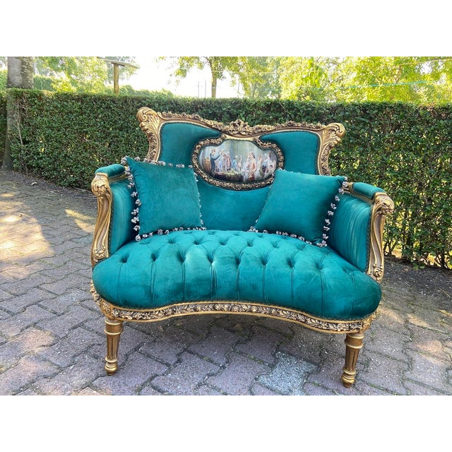 1980 French Artisan Louis XVI Gold Green Velvet Settee For Sale - Image 12 of 12