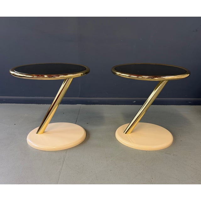 Postmodern Vintage Pair of Casprini Italian Postmodern Side Tables in Brass, Grey Glass and Lacquer For Sale - Image 3 of 12