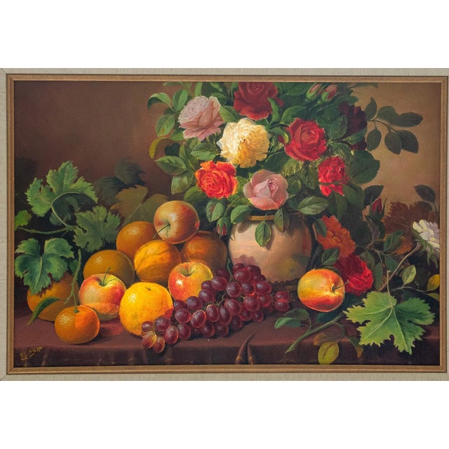 Late 20th Century Signed, Illegible - Untitled Floral and Fruit Still Life, Oil on Canvas For Sale - Image 4 of 5