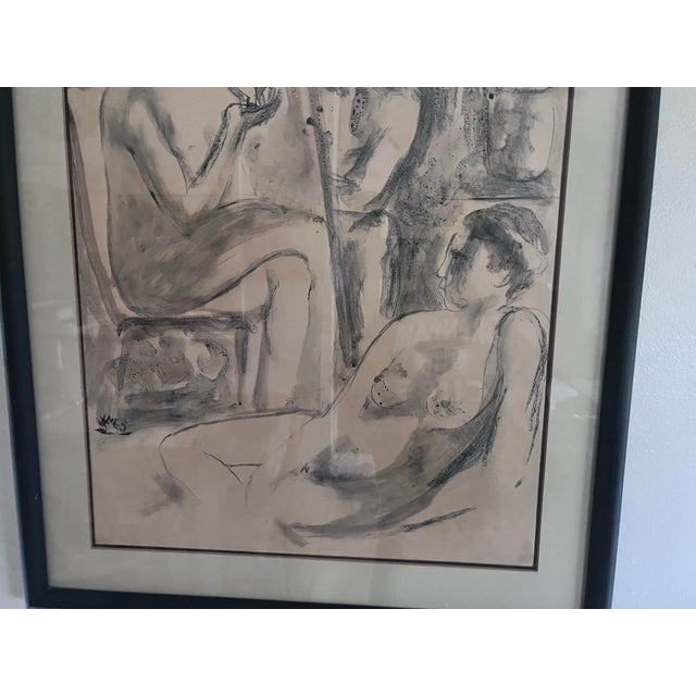 Mid-Century Modern Monochromatic Figurative Watercolor of Reclining Nudes For Sale - Image 10 of 10