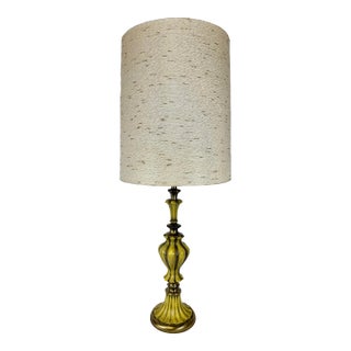 Stunning Vintage Hollywood Regency Brass & Saffron Yellow Torchiere Table Lamp For Sale