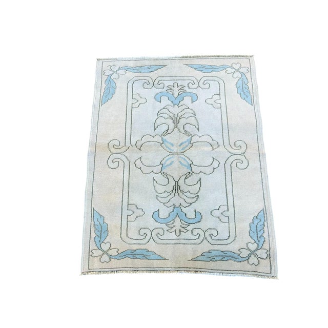 Beige Vintage Turkish Handknotted Blue Wool Rug For Sale - Image 8 of 8