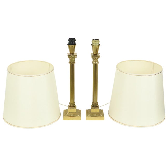 Hollywood Regency Lamps with Brass Pillar Column, 1950s, Set of 2 For Sale - Image 6 of 18