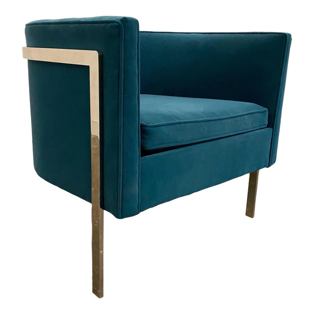 Harvey Probber Style Teal and Polished Solid Steel 3 Leg Frame Barrel Chair For Sale