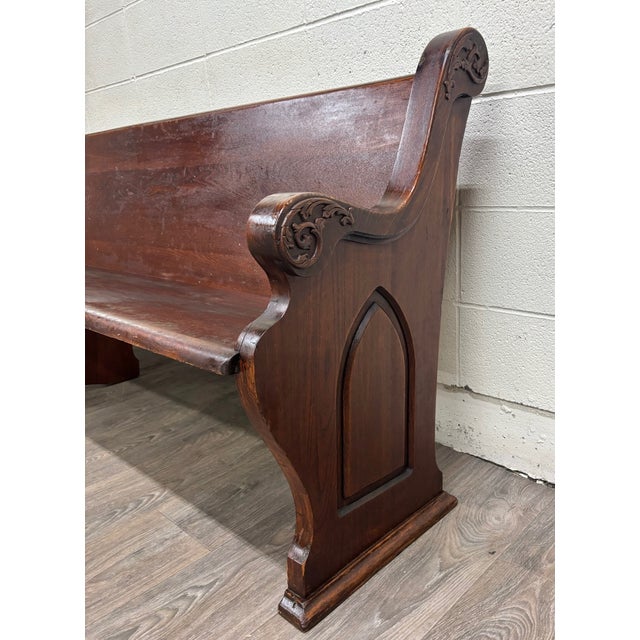 Brown Antique American Gothic Revival 8 Ft Carved Solid Oak Church Pew For Sale - Image 8 of 12