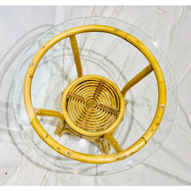 Traditional Mid 20th Century Vintage Albini Bent Rattan & Woven Wicker Side Table With Beveled Glass Top For Sale - Image 3 of 6