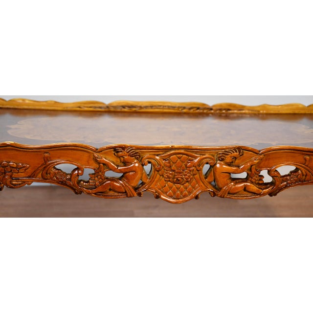 Brown 1930 French Walnut & Satinwood Inlay Carved Cherubs Hand Painted Coffee Table For Sale - Image 8 of 11