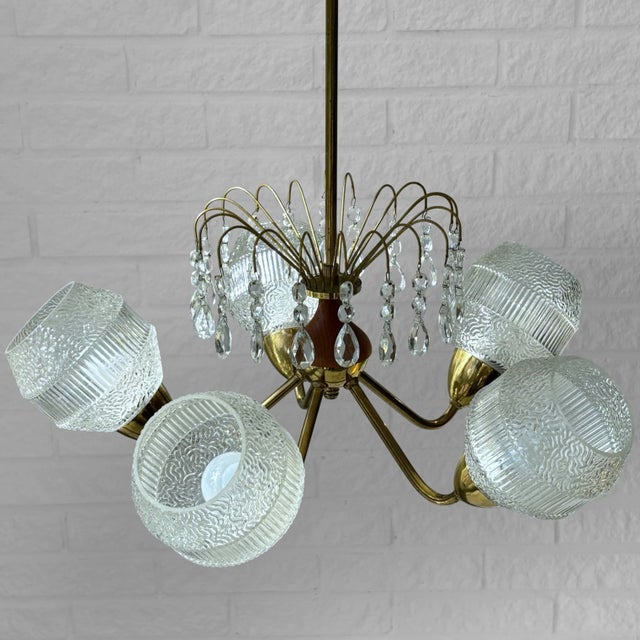 Mid-Century Chandelier in Teak, Brass and Crystal, Sweden, 1950s For Sale - Image 4 of 13